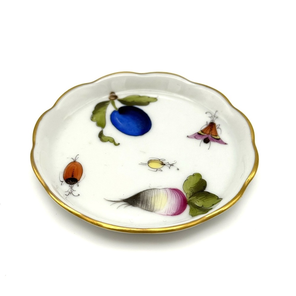 Vintage Herend Hungary Hand Painted Mini Porcelain Dish 3" Gold Rim 7562